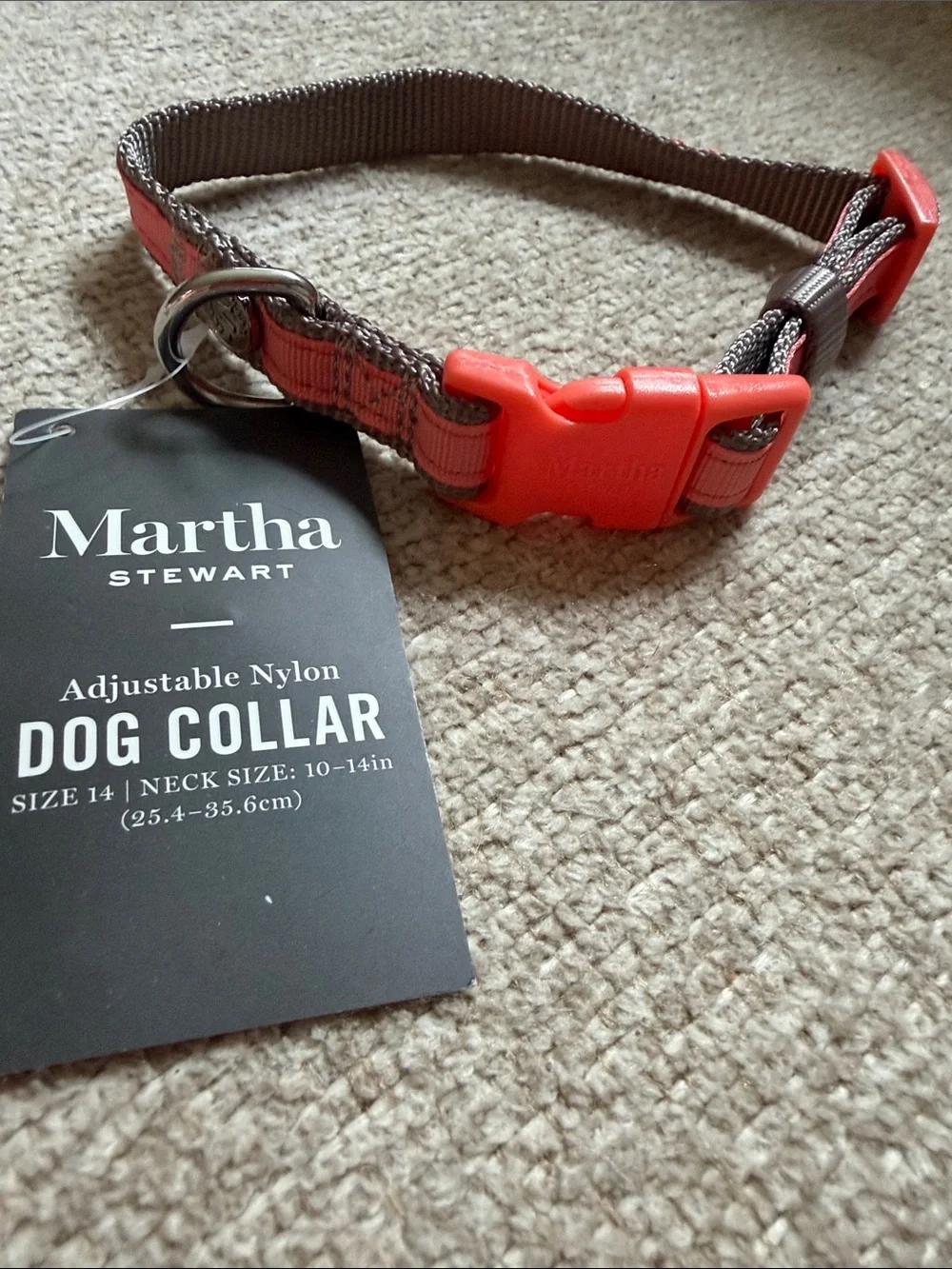 NWT Martha Stewart Nylon Dog Collar - Coral Buckle with Grey Webbing